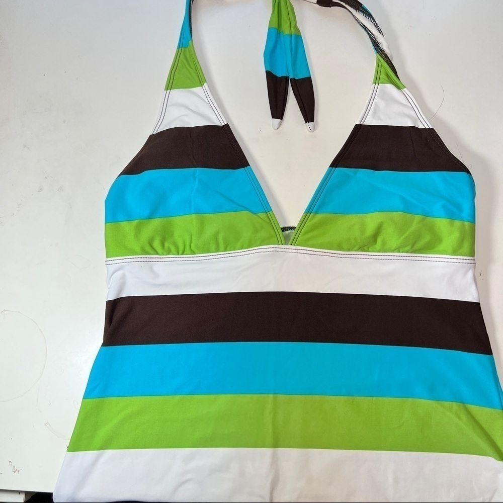 LA BLANCA TANKINI. Brown,blue& green. Faux belt on bottoms. Halter top size 14
